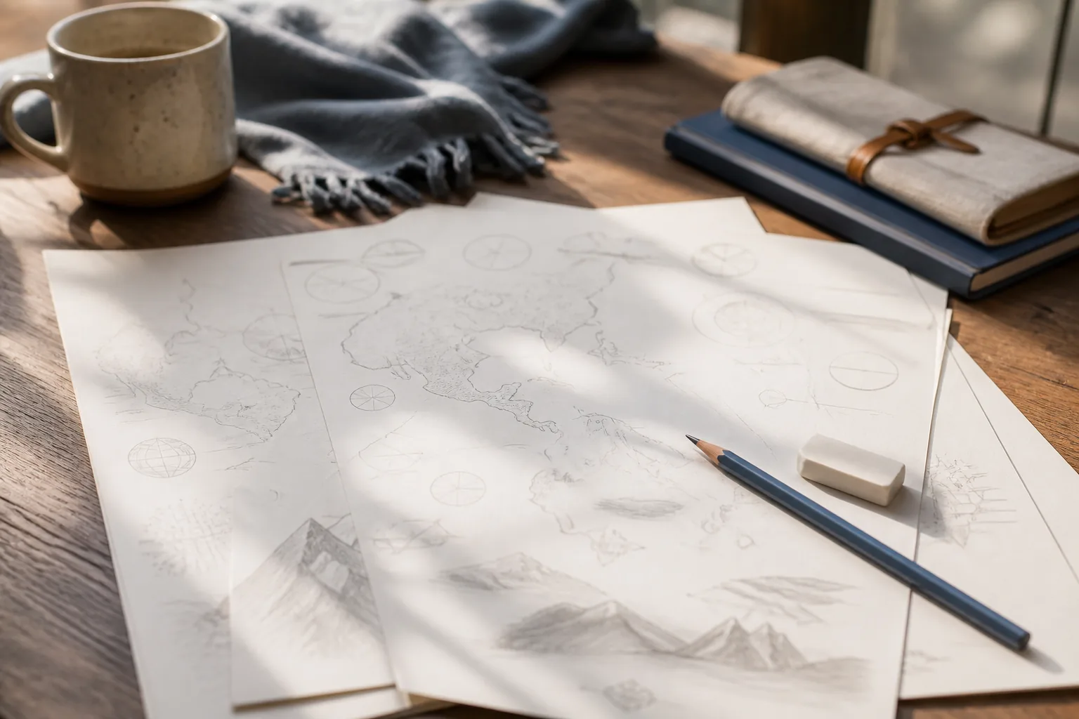 Annotated itinerary pages spread on a table in morning light, margin notes marking buffer times and room-check steps, a pencil and eraser resting on the top sheet, coffee cup out of focus at the edge, 1600x1067