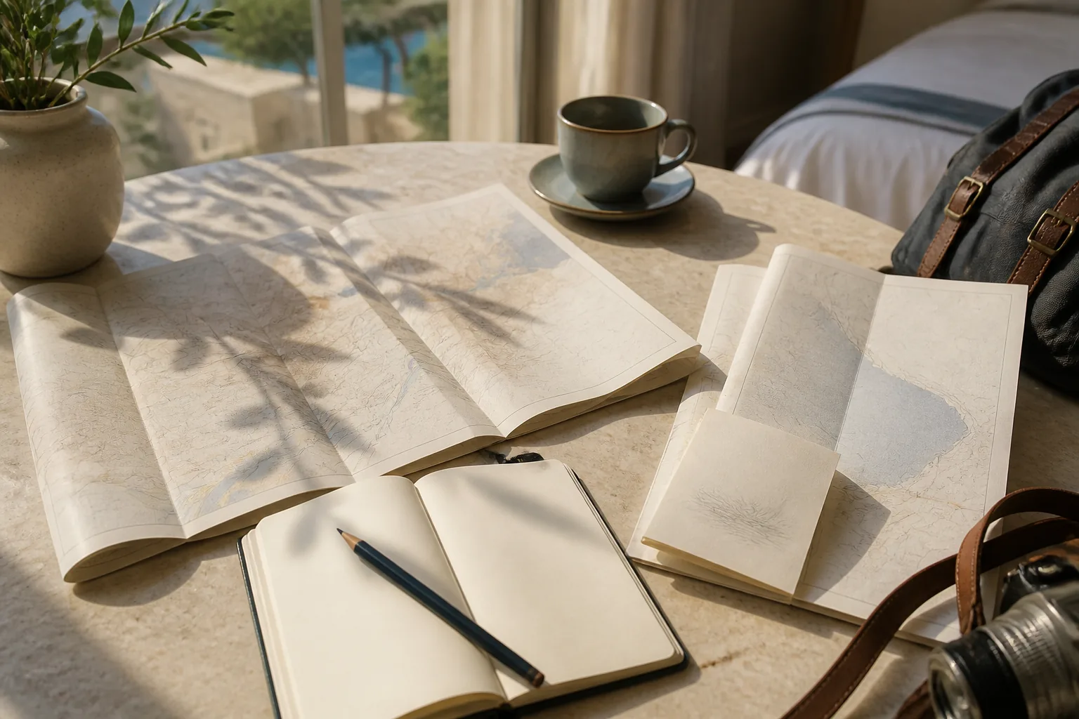 Open paper maps and a small notebook on a sunlit table, pencil marks near a departure window, soft morning light across folded pages, calm planning scene before checkout, 1600x900