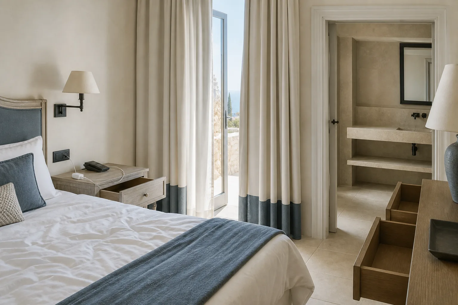 Hotel room during a final sweep, open empty drawers and a bathroom shelf cleared, phone charger unplugged on the nightstand, daylight through half-drawn curtains, tidy exit in progress, 1400x900