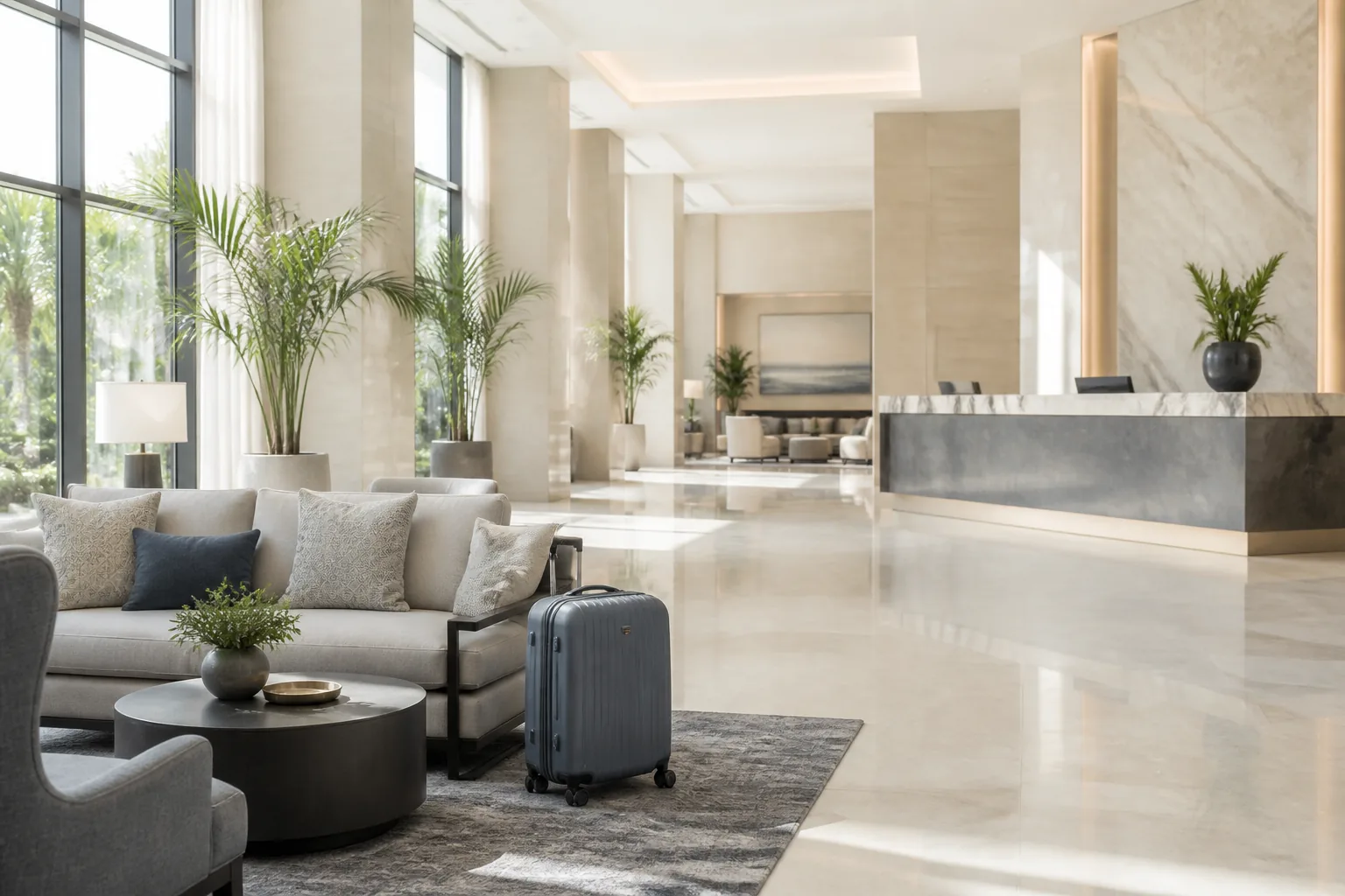 Bright hotel lobby at midday with soft daylight through tall windows, a small suitcase beside a seating area, unhurried checkout atmosphere, empty reception desk in the distance, 1400x900