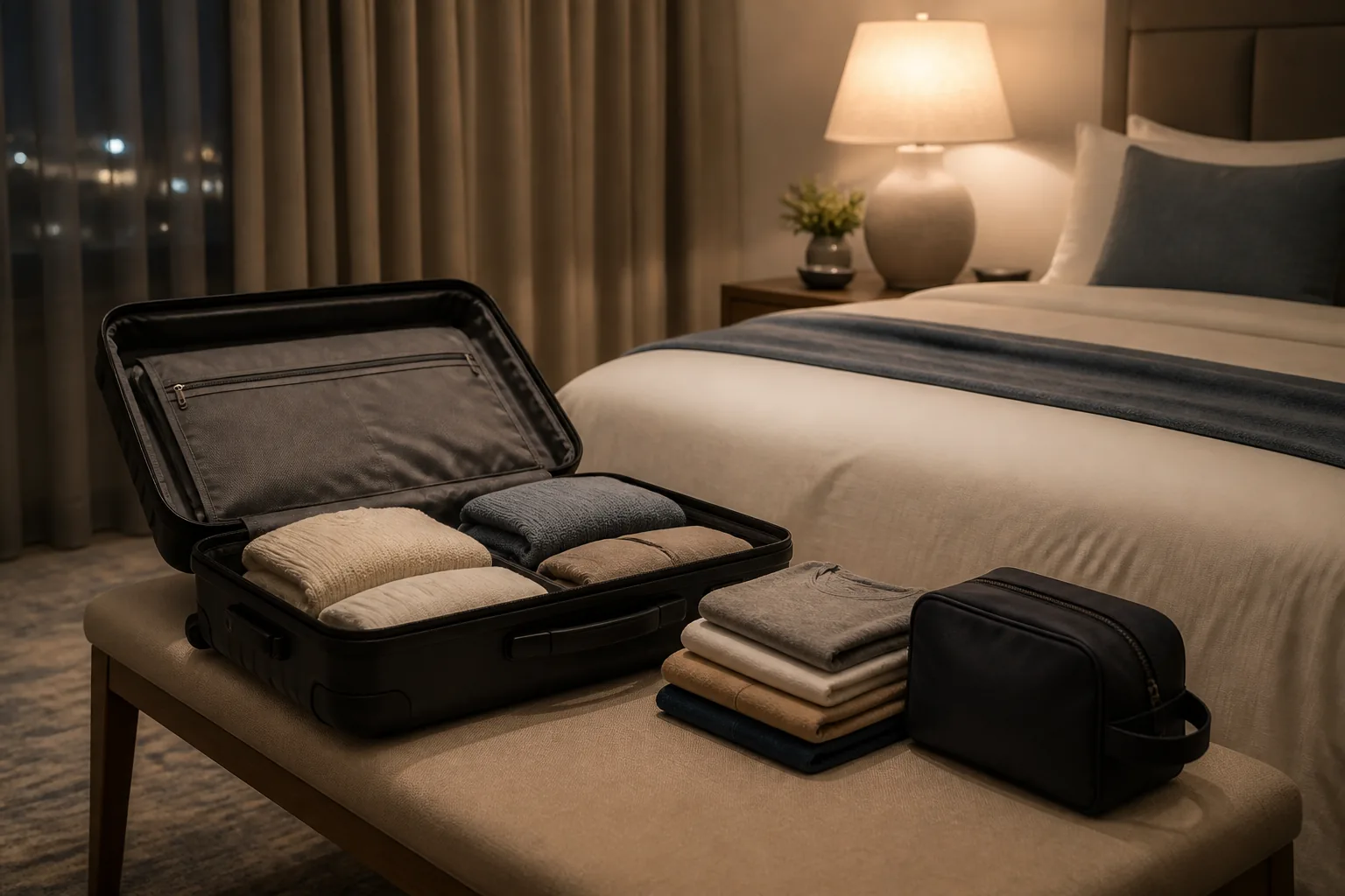 Open suitcase on a hotel bench at night with folded clothes stacked beside a closed toiletry bag, warm lamp light, closed curtains, calm packing session before sleep, 1400x900