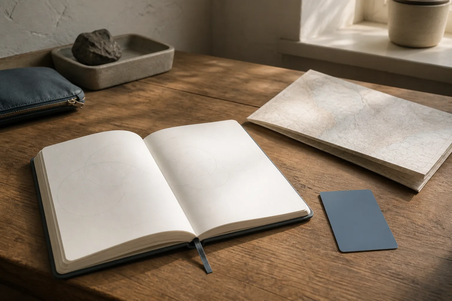 Open travel notebook on a wooden desk with checkout times circled in pencil, a room key card beside a folded map, soft window light across paper edges, quiet workspace before a departure briefing, 1600x900