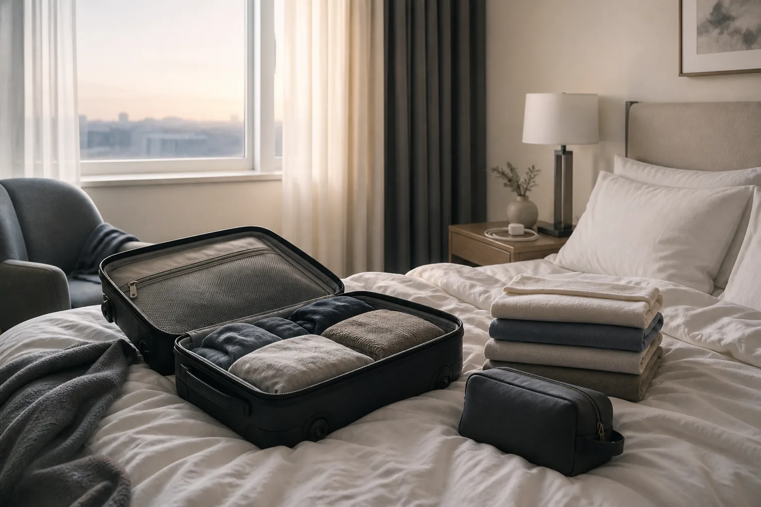 Open suitcase on a rumpled hotel bed at dawn, folded clothes stacked beside a closed toiletry pouch, phone charger coiled on the nightstand, pale light through half-drawn curtains, quiet room still occupied, 1600x1067