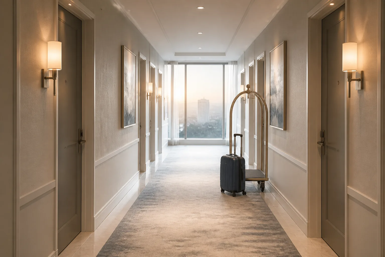 Quiet hotel corridor at first light, pale runner carpet stretching toward a window, closed room doors on both sides, a single carry-on standing by a luggage trolley, warm lamps still on against cool morning glass, 1920x1080