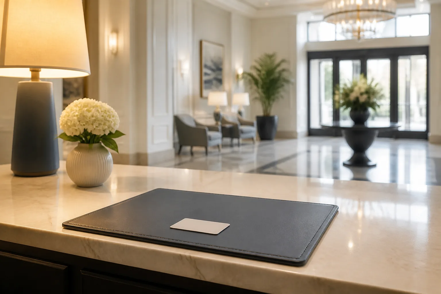 Quiet hotel reception desk at mid-morning with a key card resting on a blotter, soft lamp light, empty lobby chairs in the background, calm handoff atmosphere before checkout rush, 1600x1067