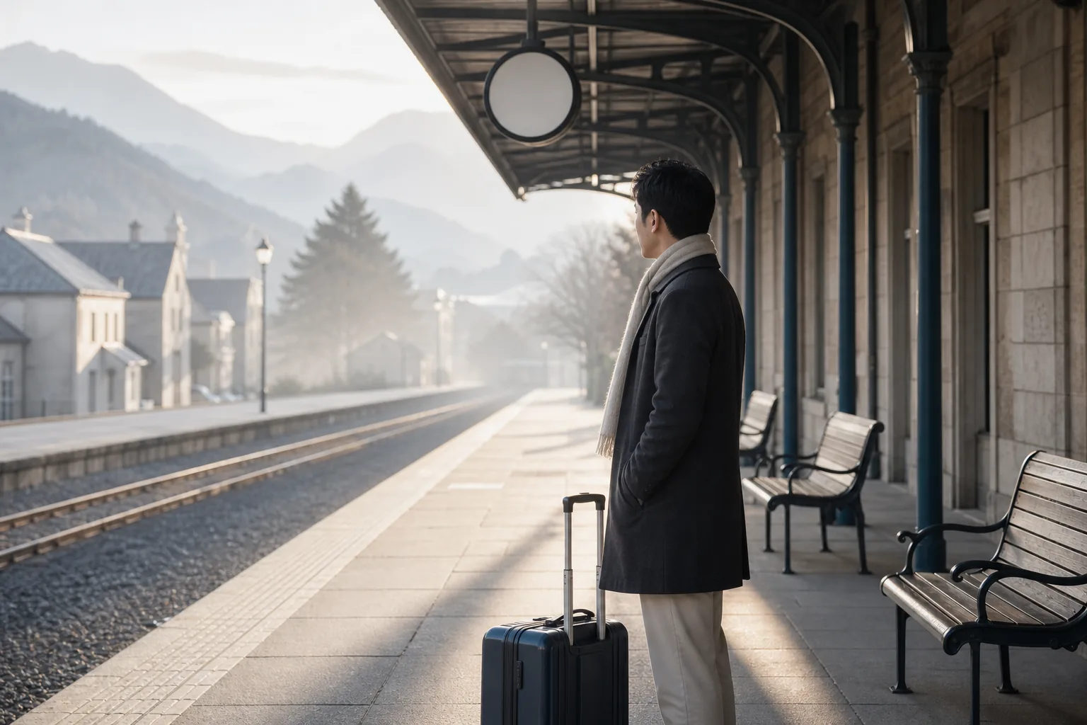 Quiet railway platform in soft morning light with a traveler standing beside a single suitcase, distant clock face, empty benches, calm wait before boarding, 1400x900